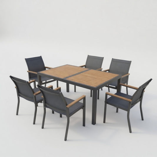 7 Piece Gray Aluminum Patio Dining Set With Textilene Chairs For Outdoor Living Frame With Accents, 59" Rectangle Table, All Weather Durable