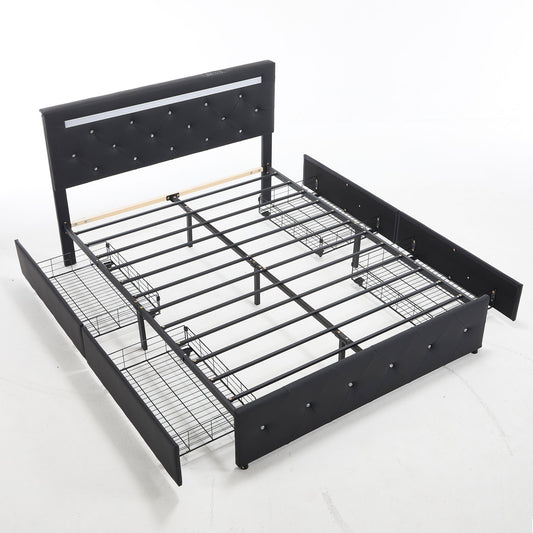 Upholstered Bed Frame With LED Lights, 4 Storage Drawers, Charging Station