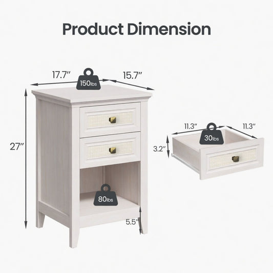 Nightstand With 2 Drawers & Shelf - White