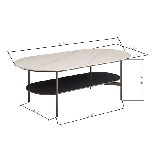 Contemporary Coffee Table Sintered Stone Surface With Ceramic Finish Double Layer Design Base Matte Shelf Modern Living Room Center Table - White / Gray