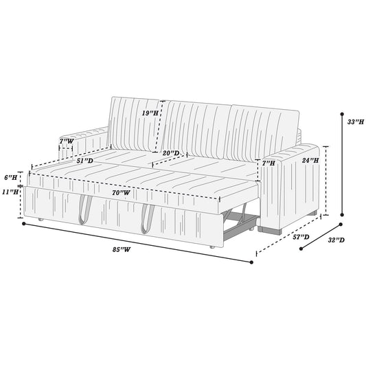 Convertible Sleeper Sofa With Pull Out Bed, Upholstery, Square Arms - Dark Gray