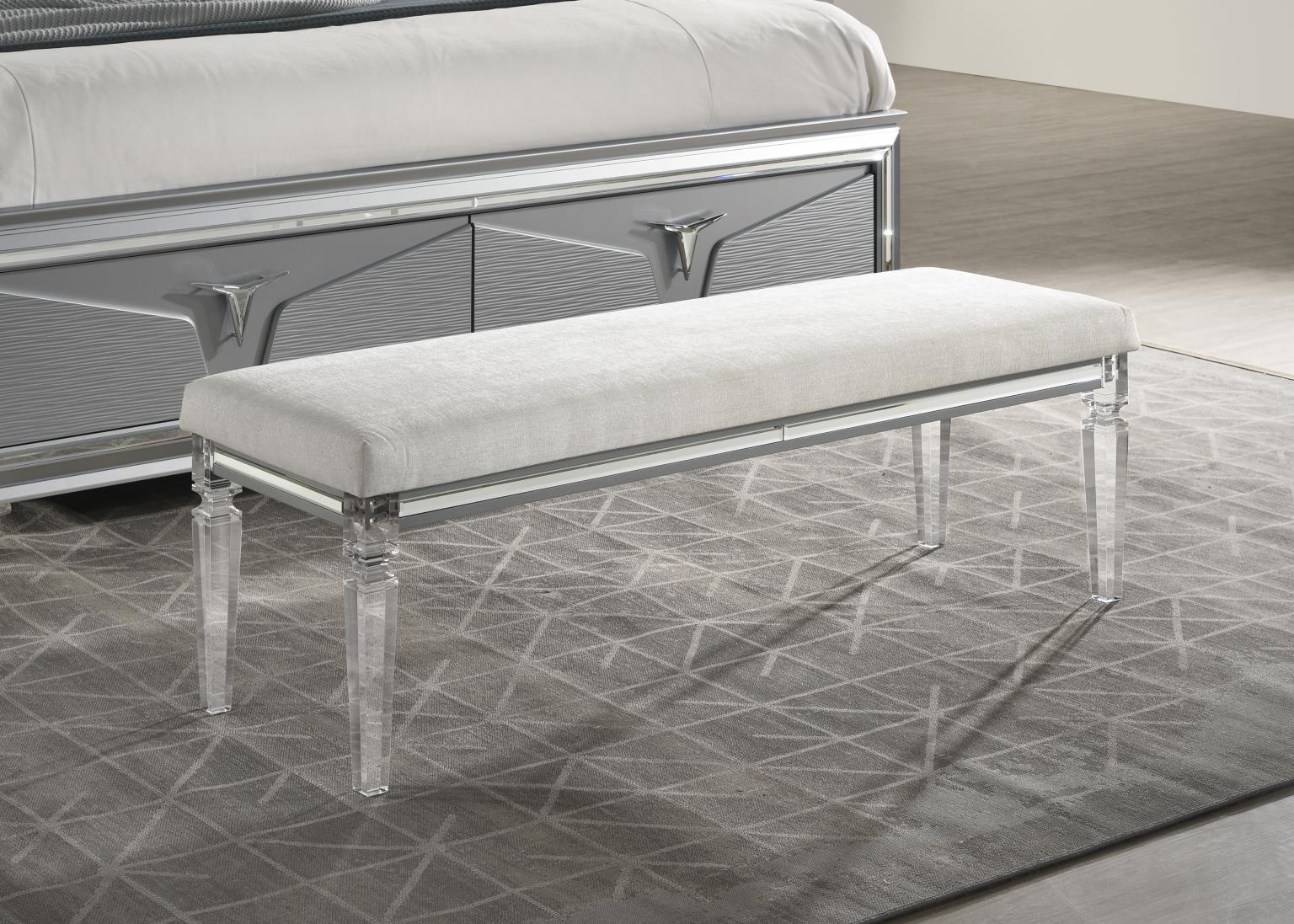 Elegant Olive Silver Bench with Upholstered Seat & Mirrored Accents – B024-BN