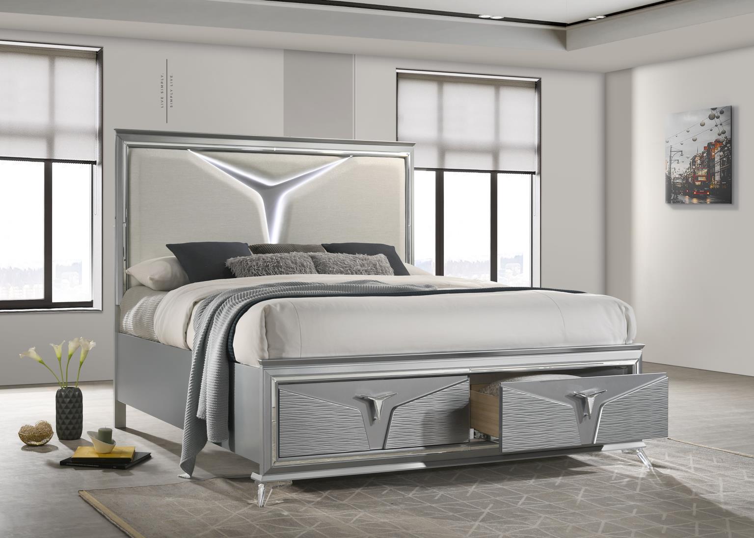 Elegant Olive Silver Queen Bed with LED & Sleek Mirrored Details – B024-Q