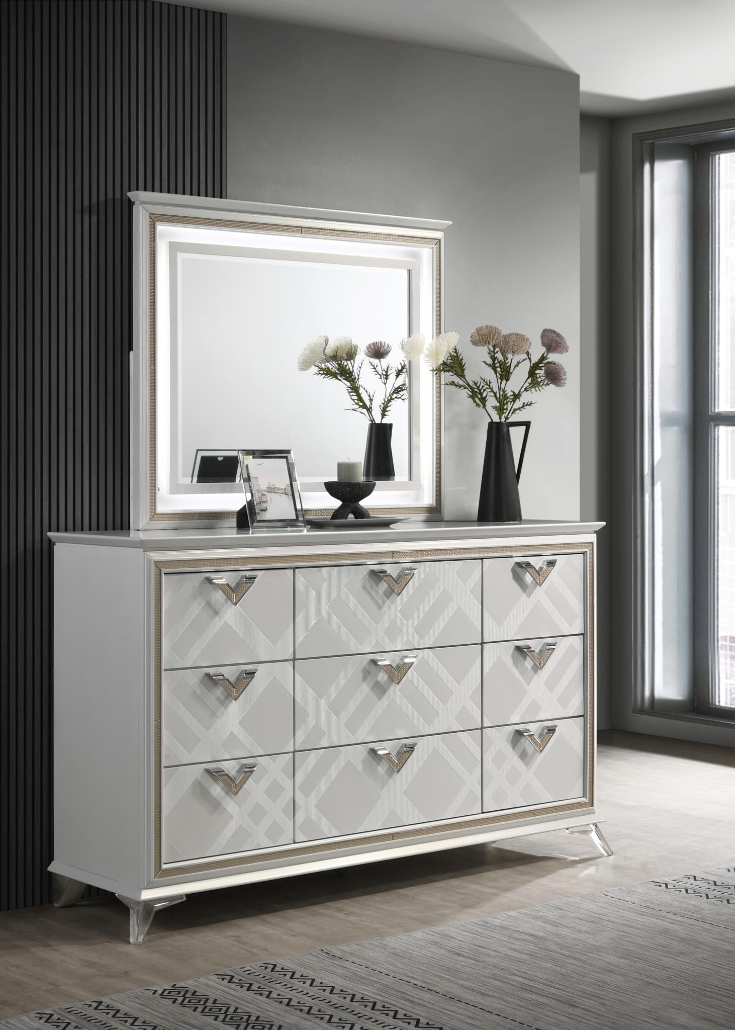 Magic Gold Dresser with V-Shaped Pattern & Hidden Jewelry Tray – B026- – Furnish Vision Magic Gold Dresser with V-Shaped Pattern & Hidden Jewelry Tray – B026- – Furnish Vision