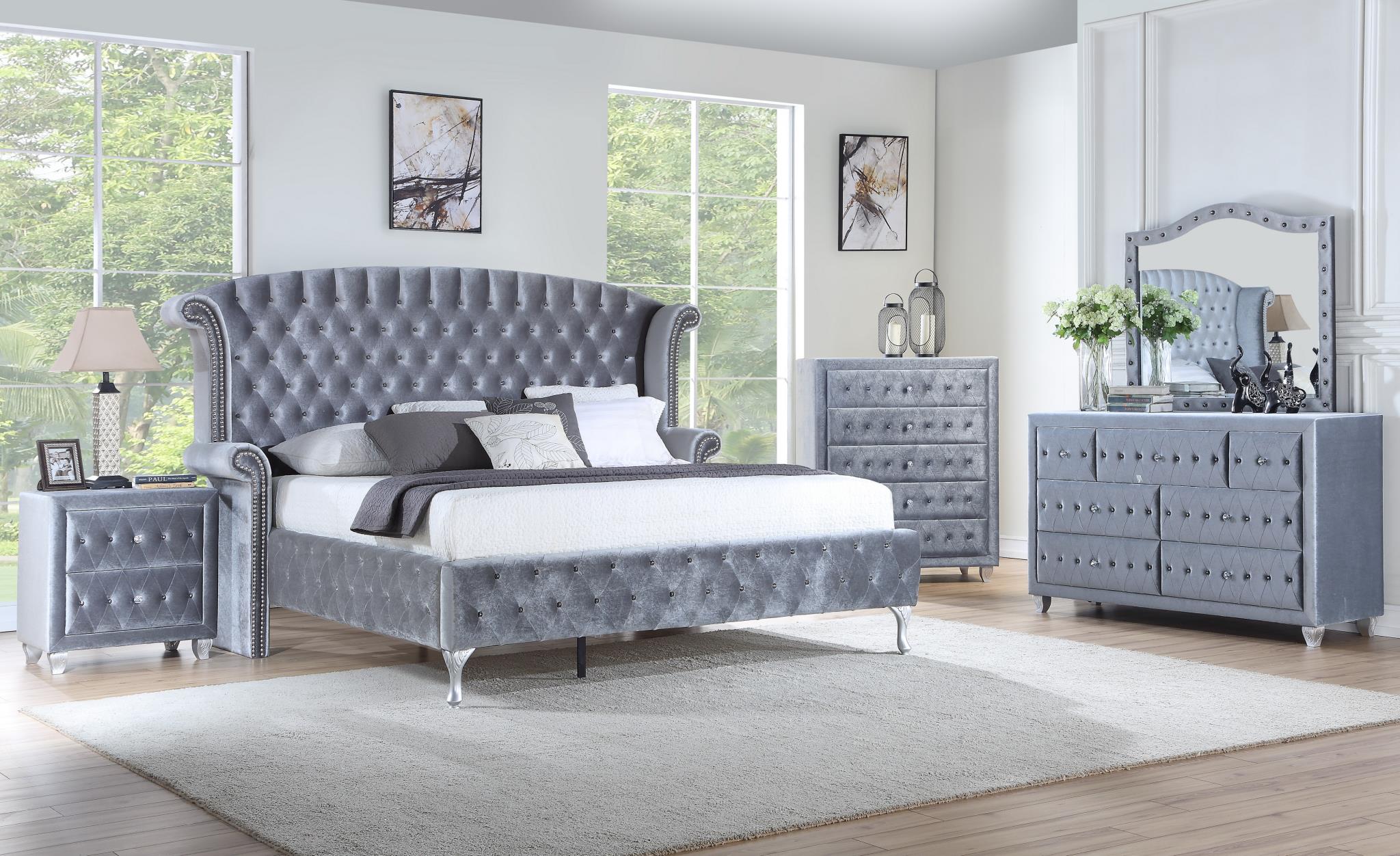 Gray Velvet Queen Bed with Crystal Tufting & Silver Nailhead Accents – B040-Q