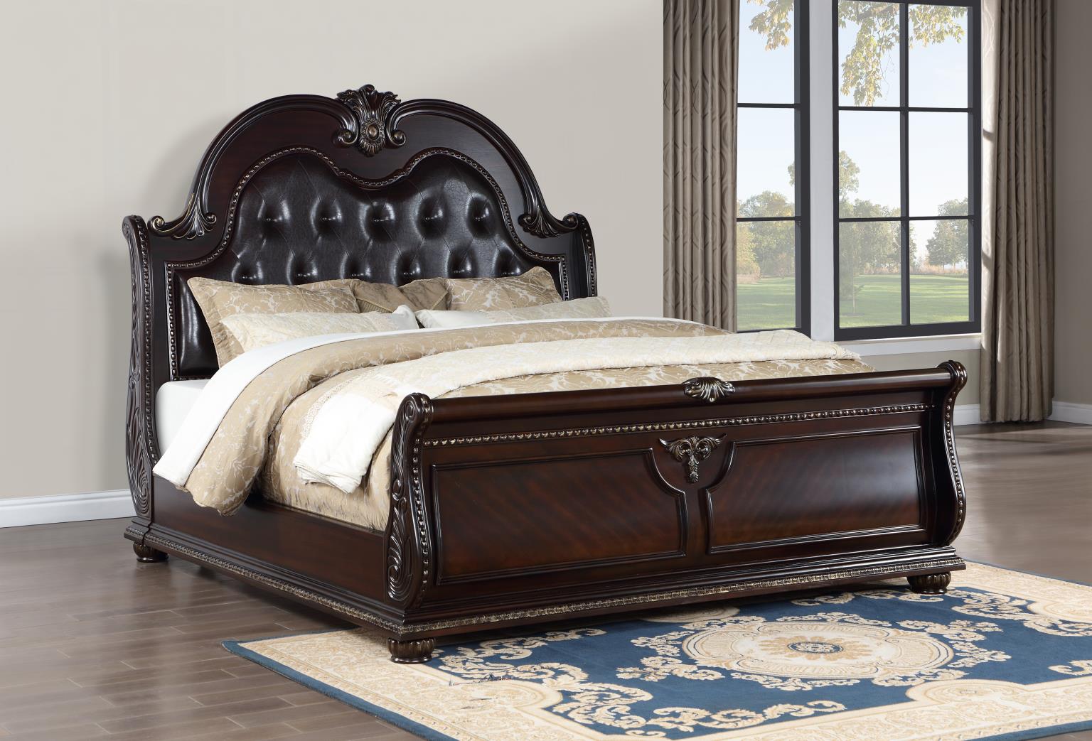 Cherry Queen Bed with Sleigh-Style Headboard & Bronze Accents – B054-Q