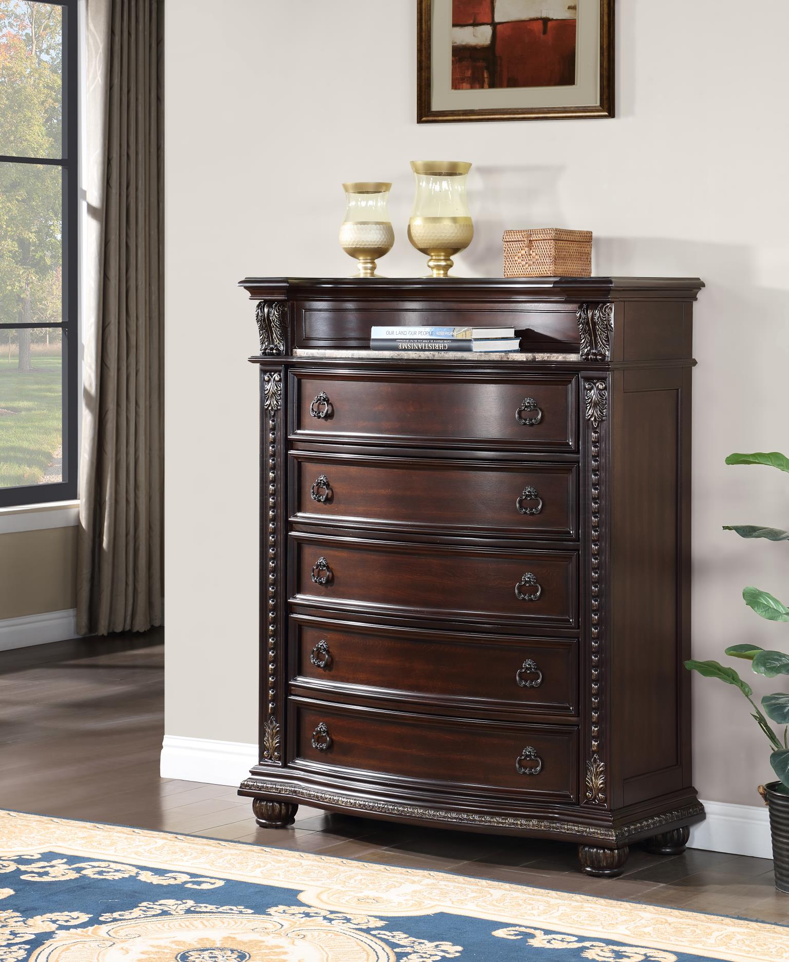 Cherry Chest with Real Marble Top & Bronze Handles – B054-C