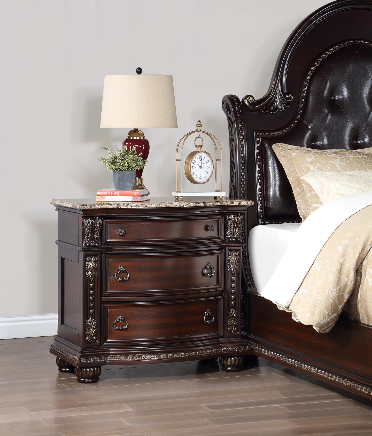 Cherry Nightstand with Marble Top & Elegant Bronze Handles – B054-N