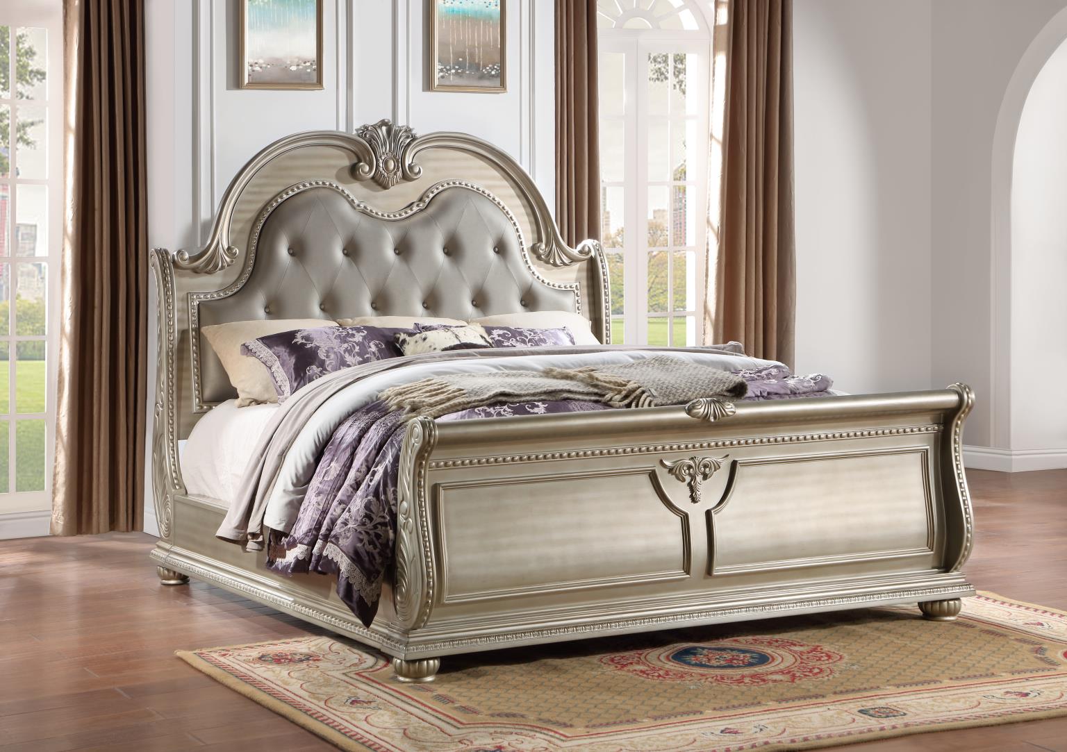 Champagne Queen Bed with Silver PU Headboard & Marble Accents – B055-Q