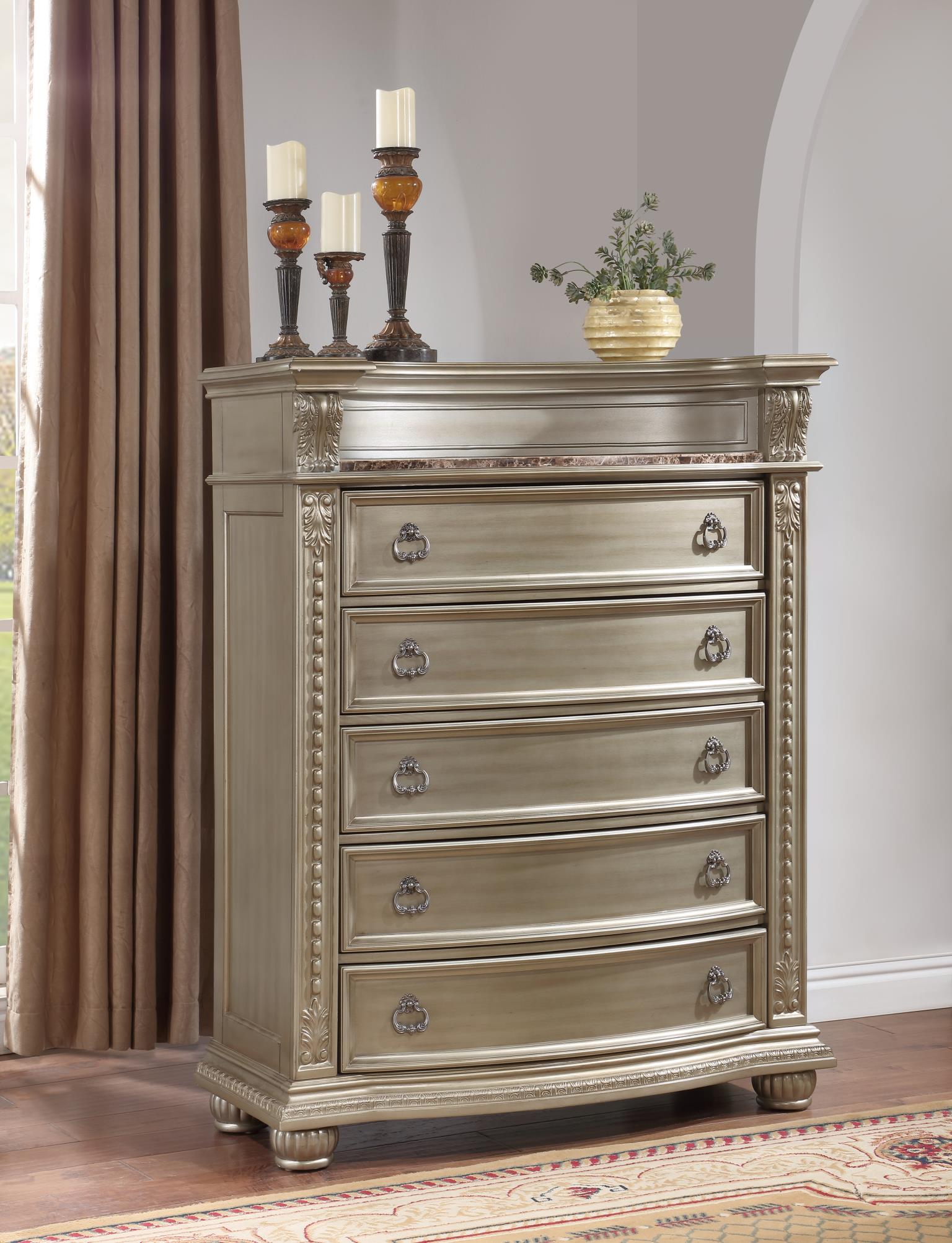 Champagne Chest with Marble Top & Ornate Silver Accents – B055-C