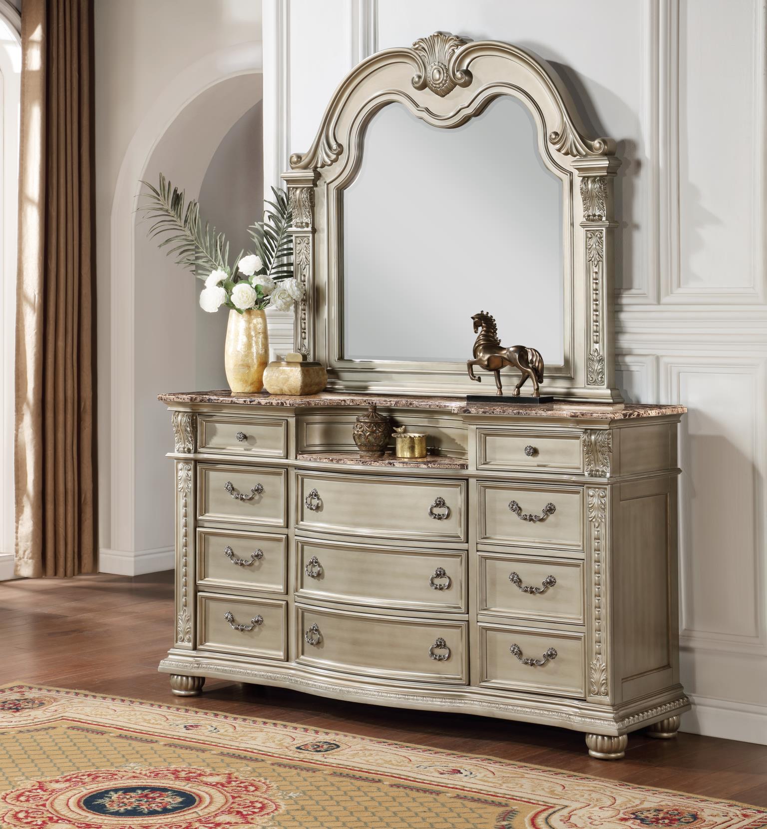 Champagne Mirror with Ornate Silver Frame & Sleek Finish – B055-M