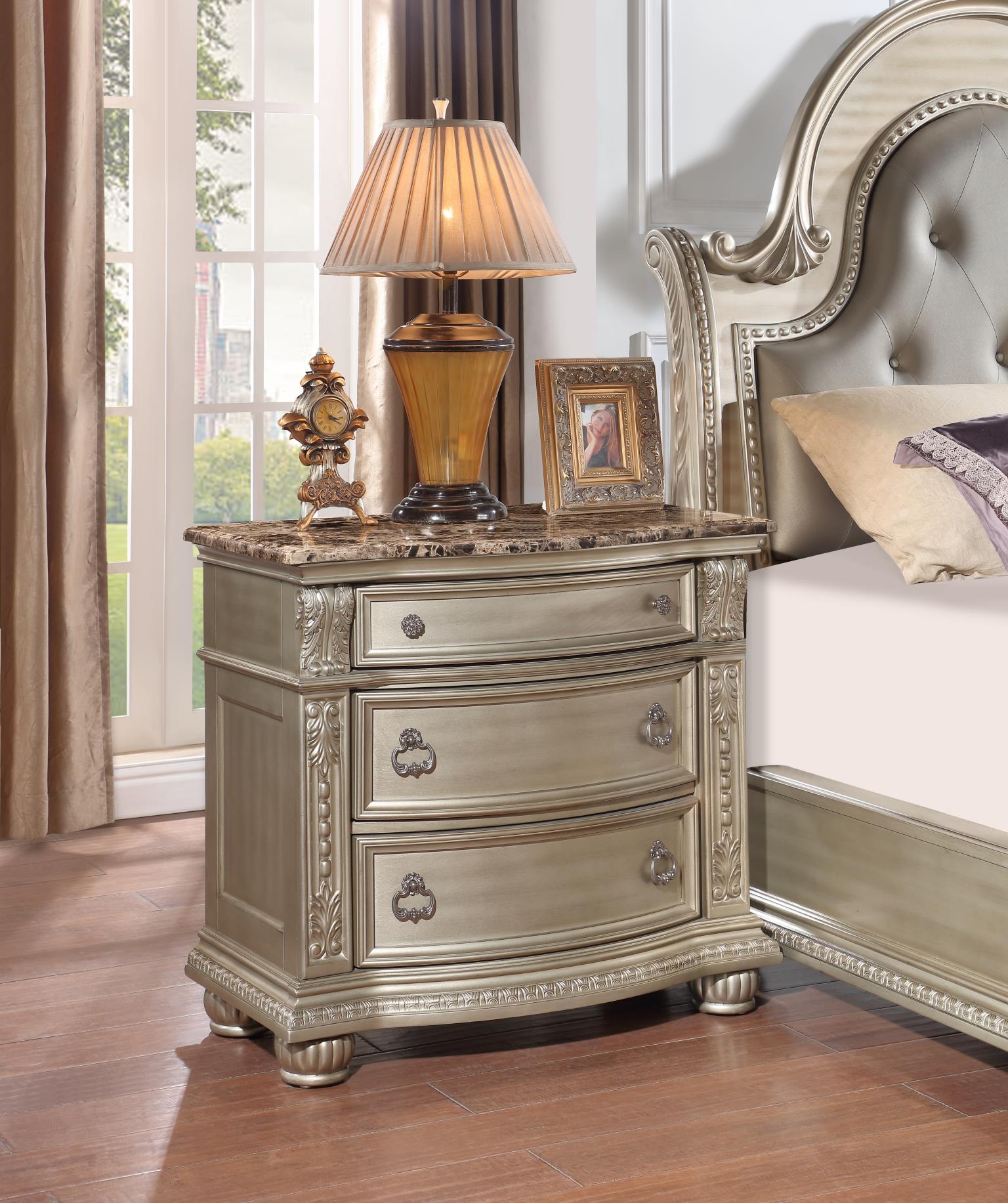 Champagne Nightstand with Marble Top & Brushed Silver Handles – B055-N