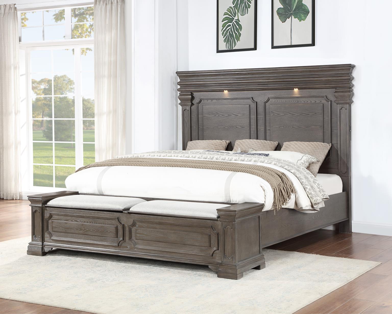 Dark Gray Queen Bed with Built-in Spotlights & Storage Footboard – B067-Q