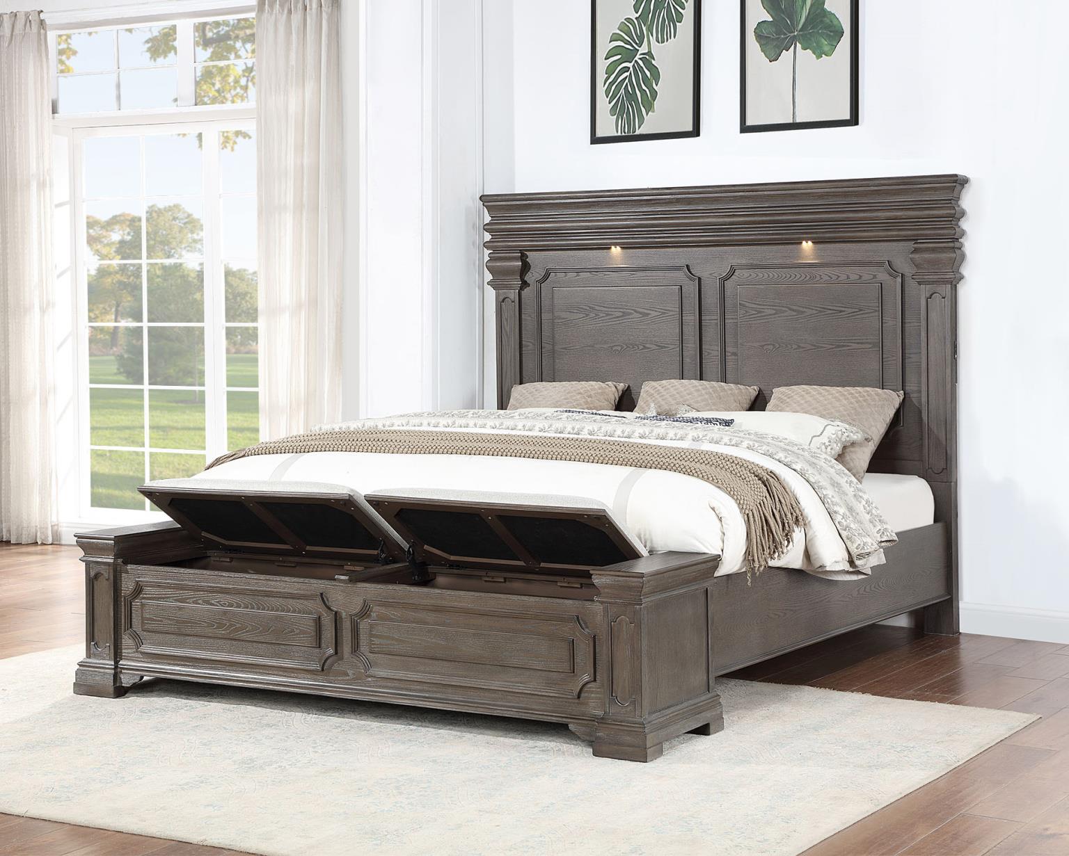 Dark Gray King Bed with Mantle Headboard & Storage Footboard – B067-K