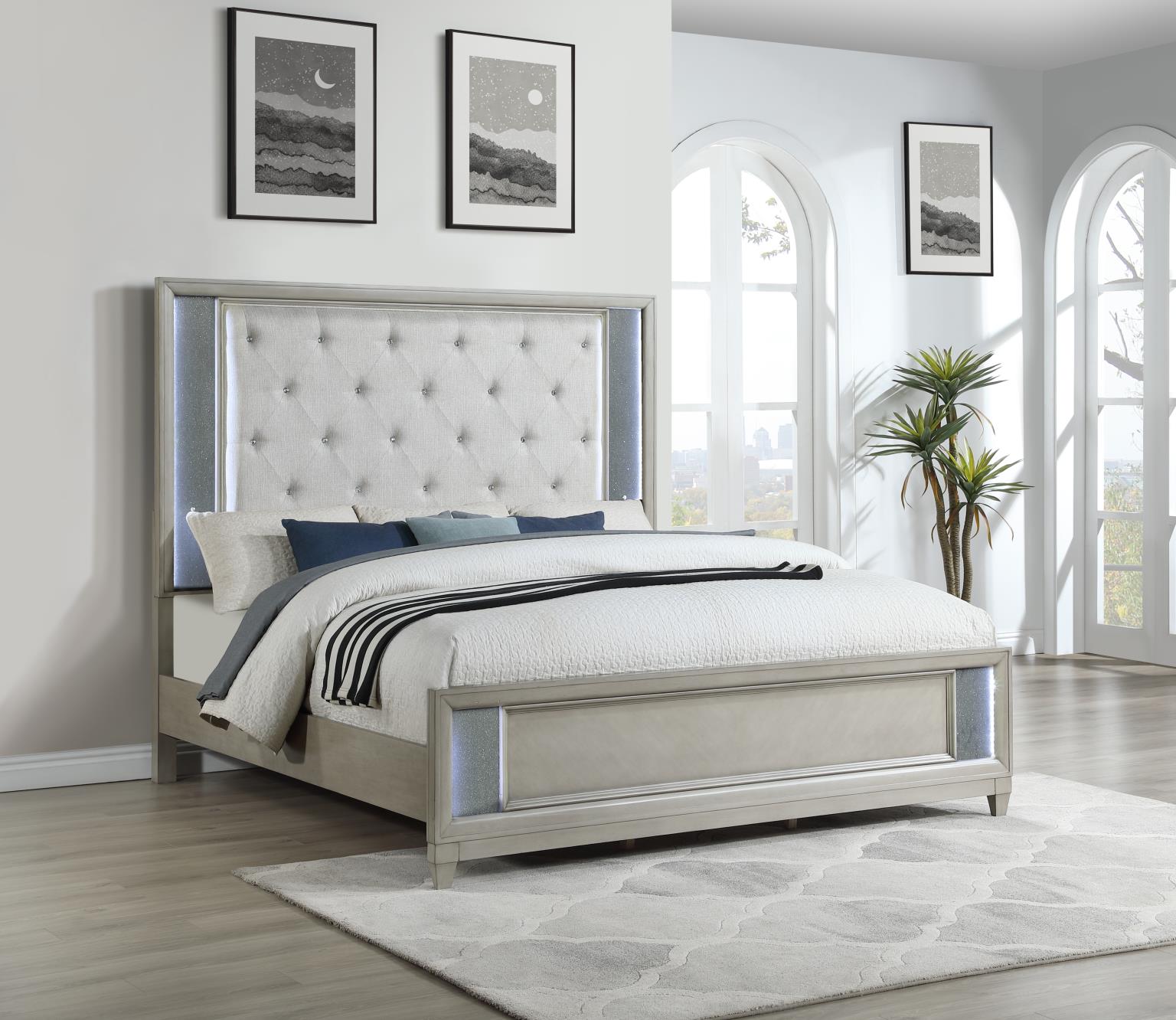 Gray King Bed with LED Backlit Headboard & Footboard – B090-K