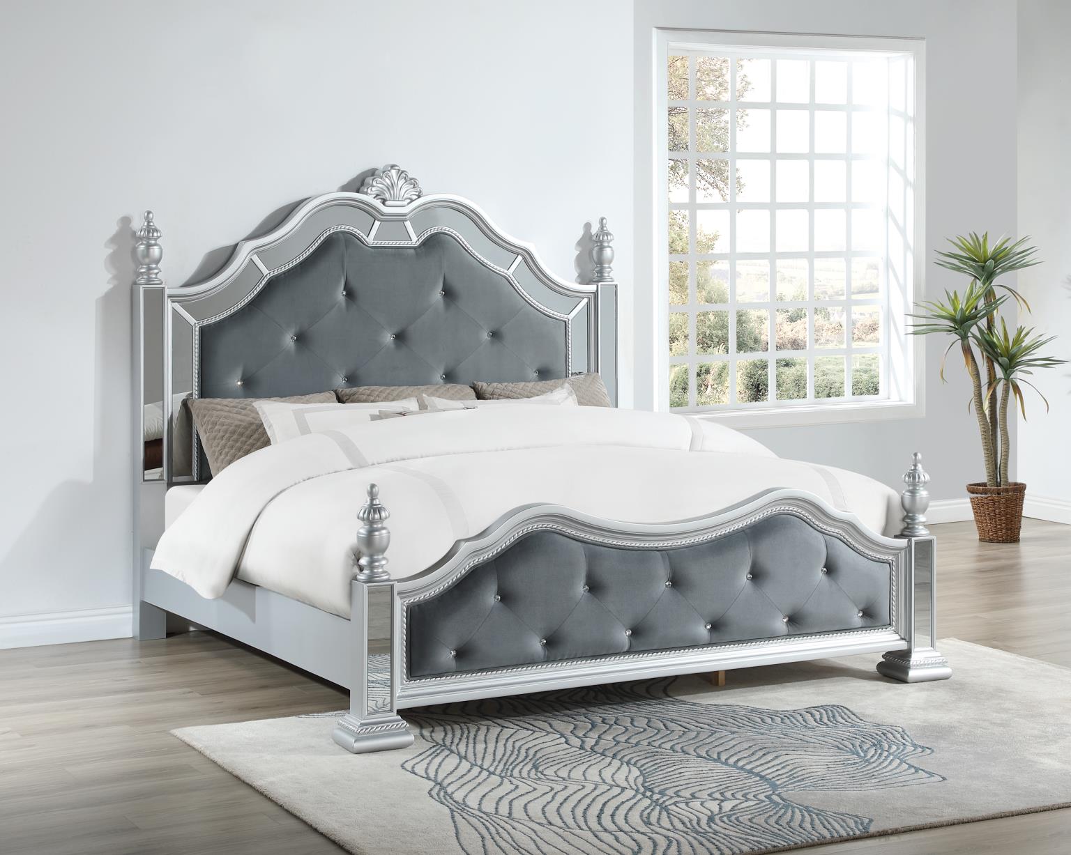 Gray King Bed with Velvet Tufted Headboard & Mirror Accents – B092-K