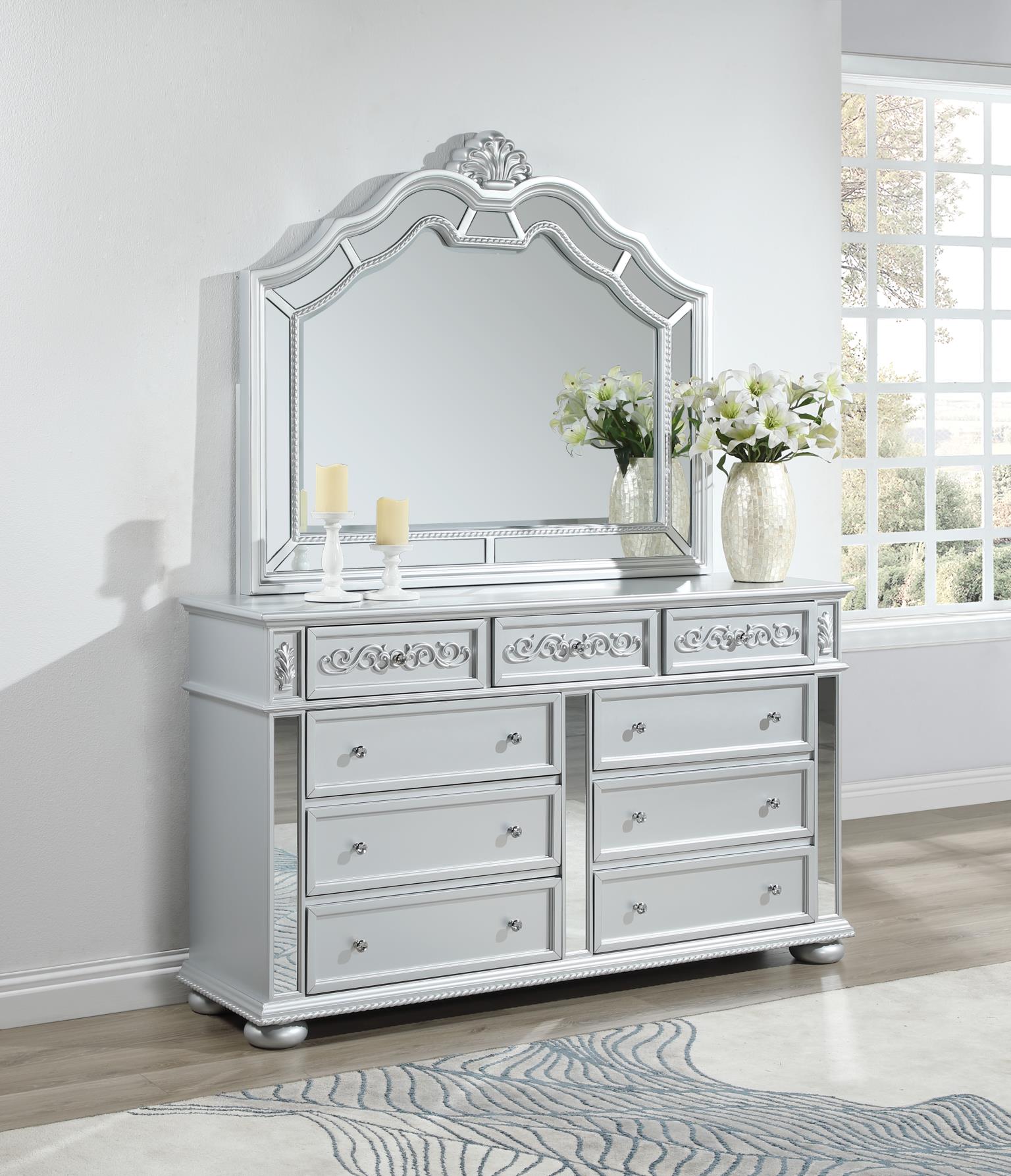 Gray Dresser with Ornate Drawer Fronts & Chrome Handles – B092-D