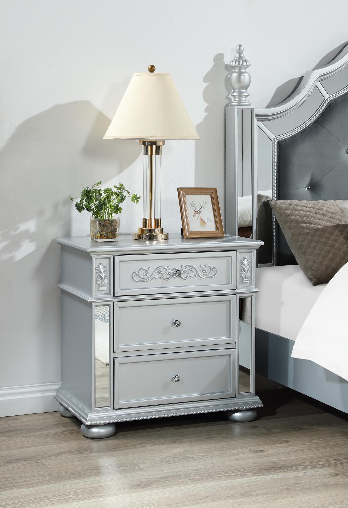 Gray Nightstand with Chrome Handles & Elegant Mirror Accents – B092-N