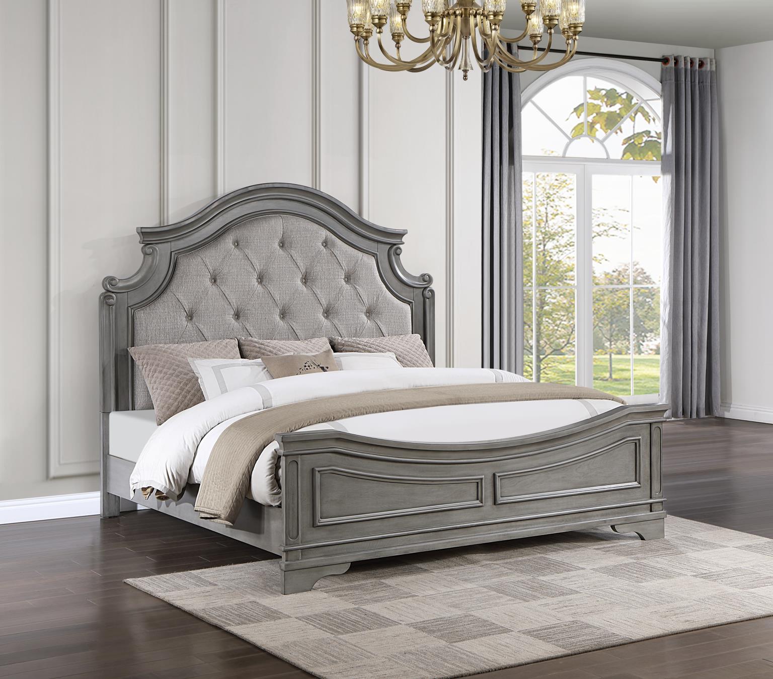 Gray Rustic Queen Bed with Button Tufted Fabric Headboard – B112-Q