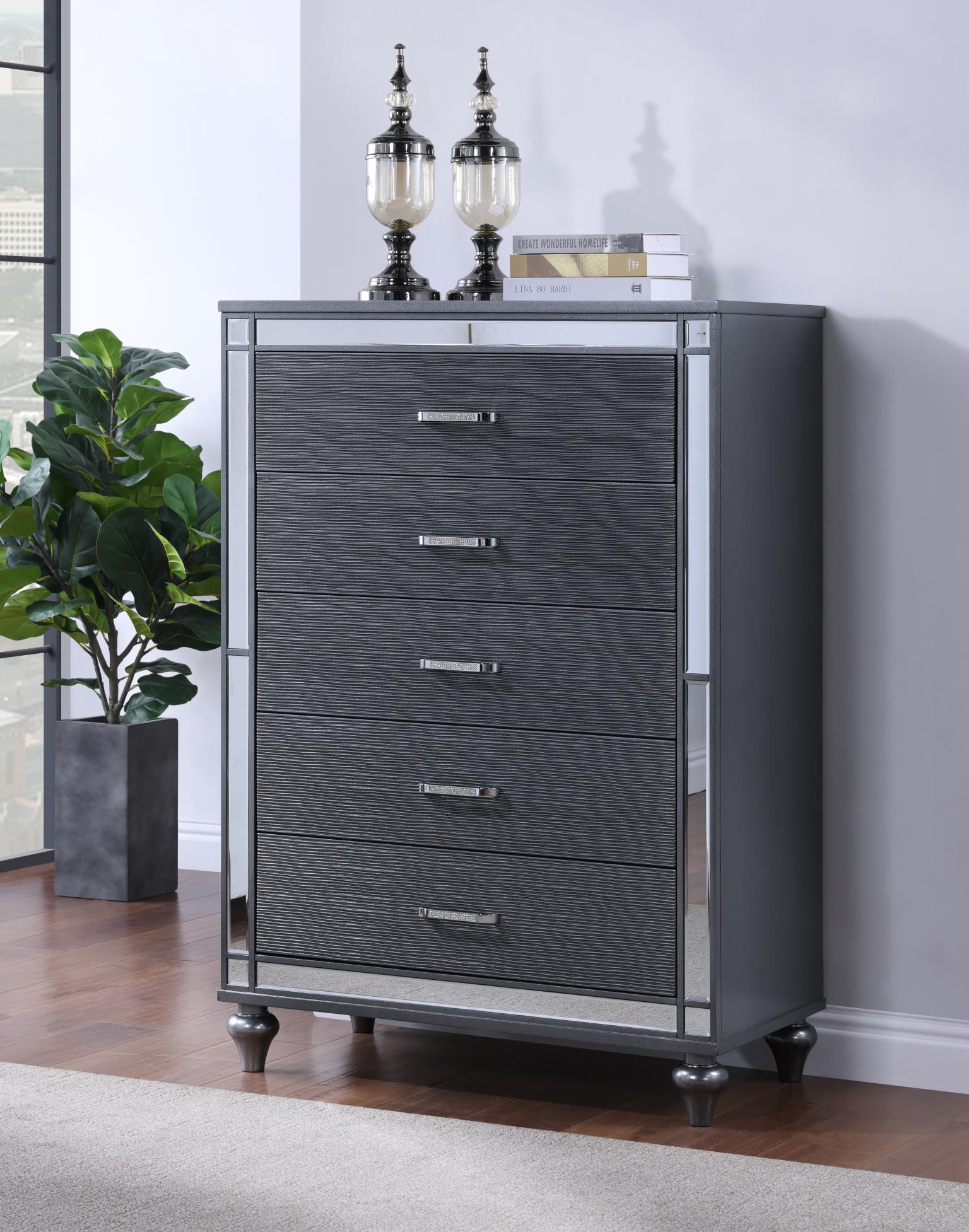 Charcoal Gloss Chest with Wood Grain Replica Drawer Fronts – B223-C