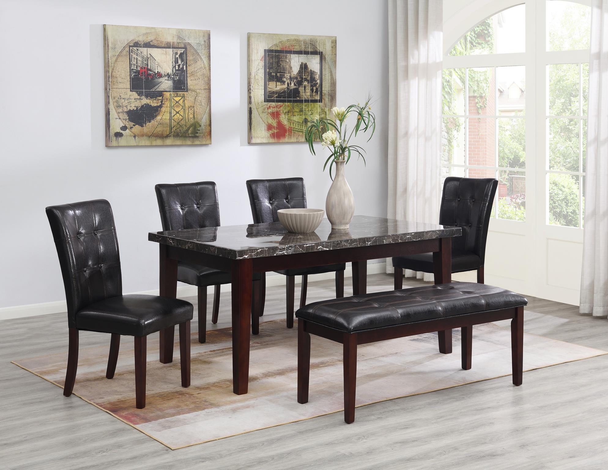 Dark Gray Marble Dining Set with Bench – D128-6PC