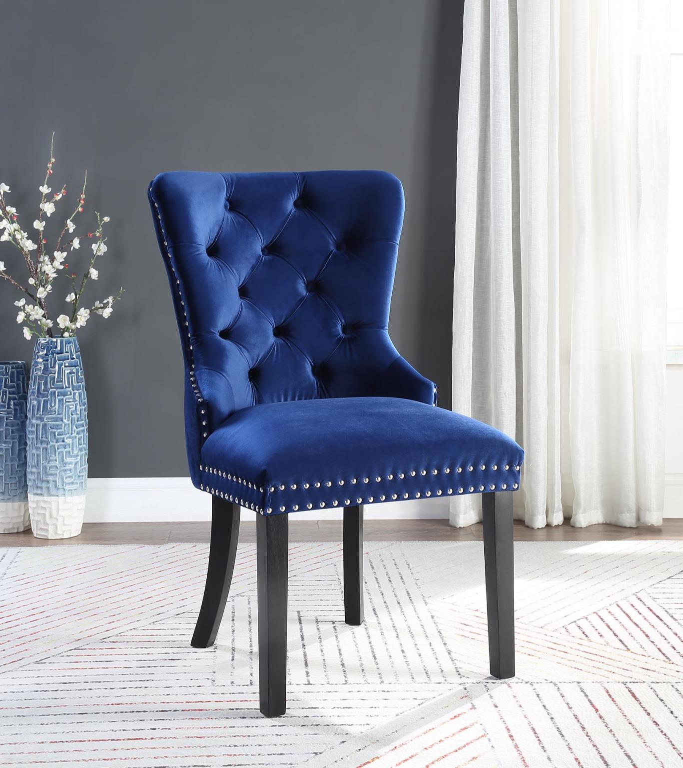 Dark Navy Velvet Dining Side Chair with Nailhead Trim - D2083-RYB