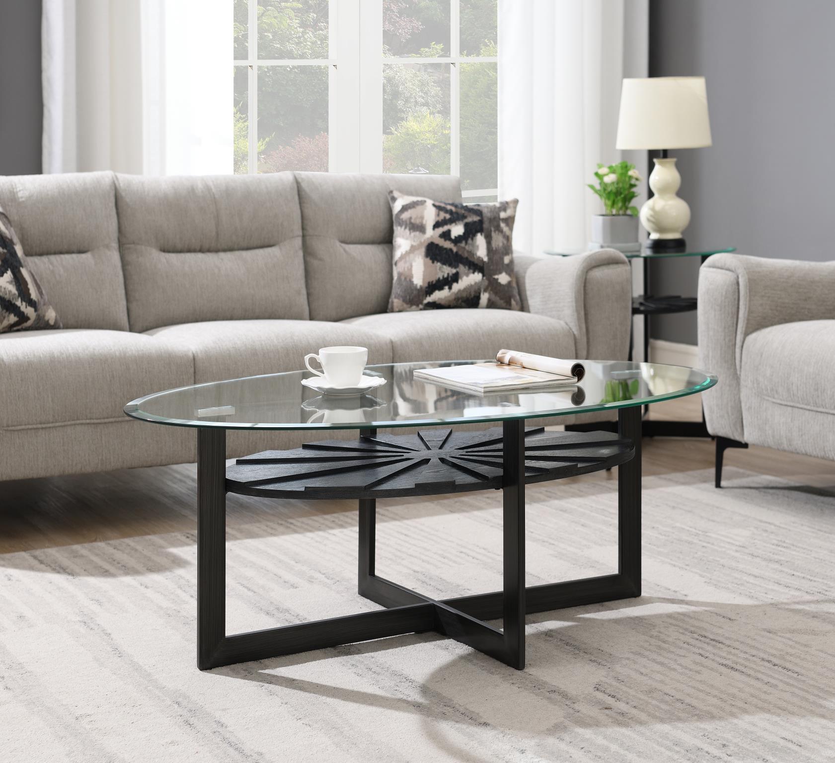 Gray Glass Coffee Table with Fan Design Shelving – T152-C