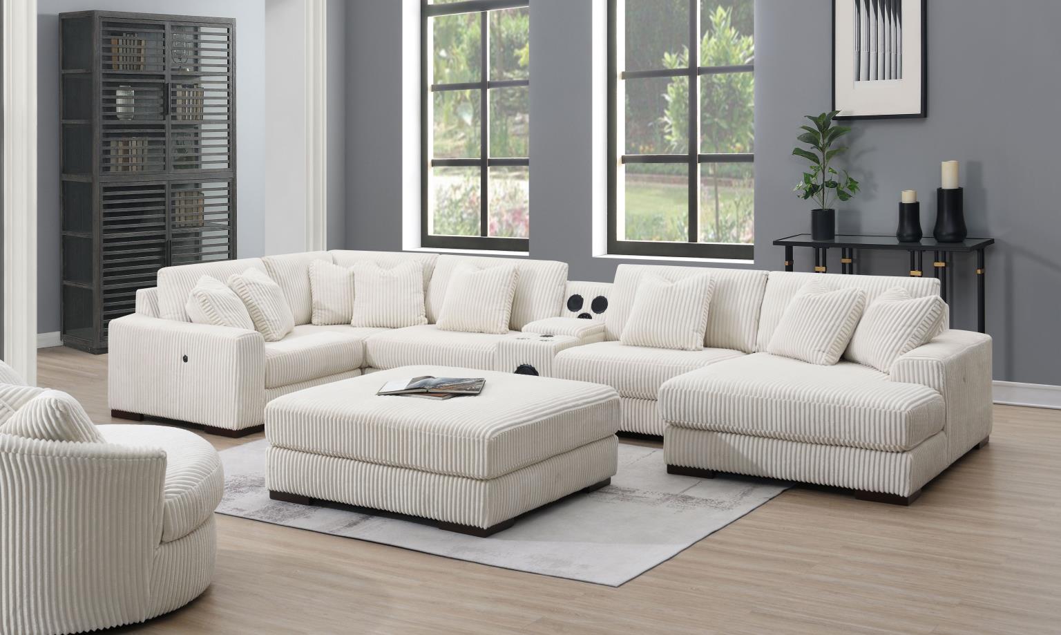 Ivory Corduroy Convertible Sectional – U244-6PC-CHAISE