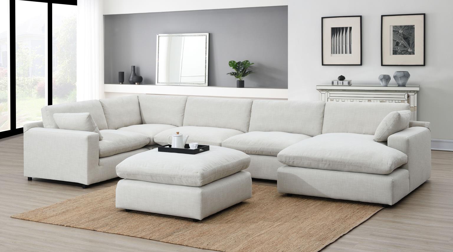 Ivory Woven Fabric Sectional with Solid Wood Frame – U246-6PC-CHAISE