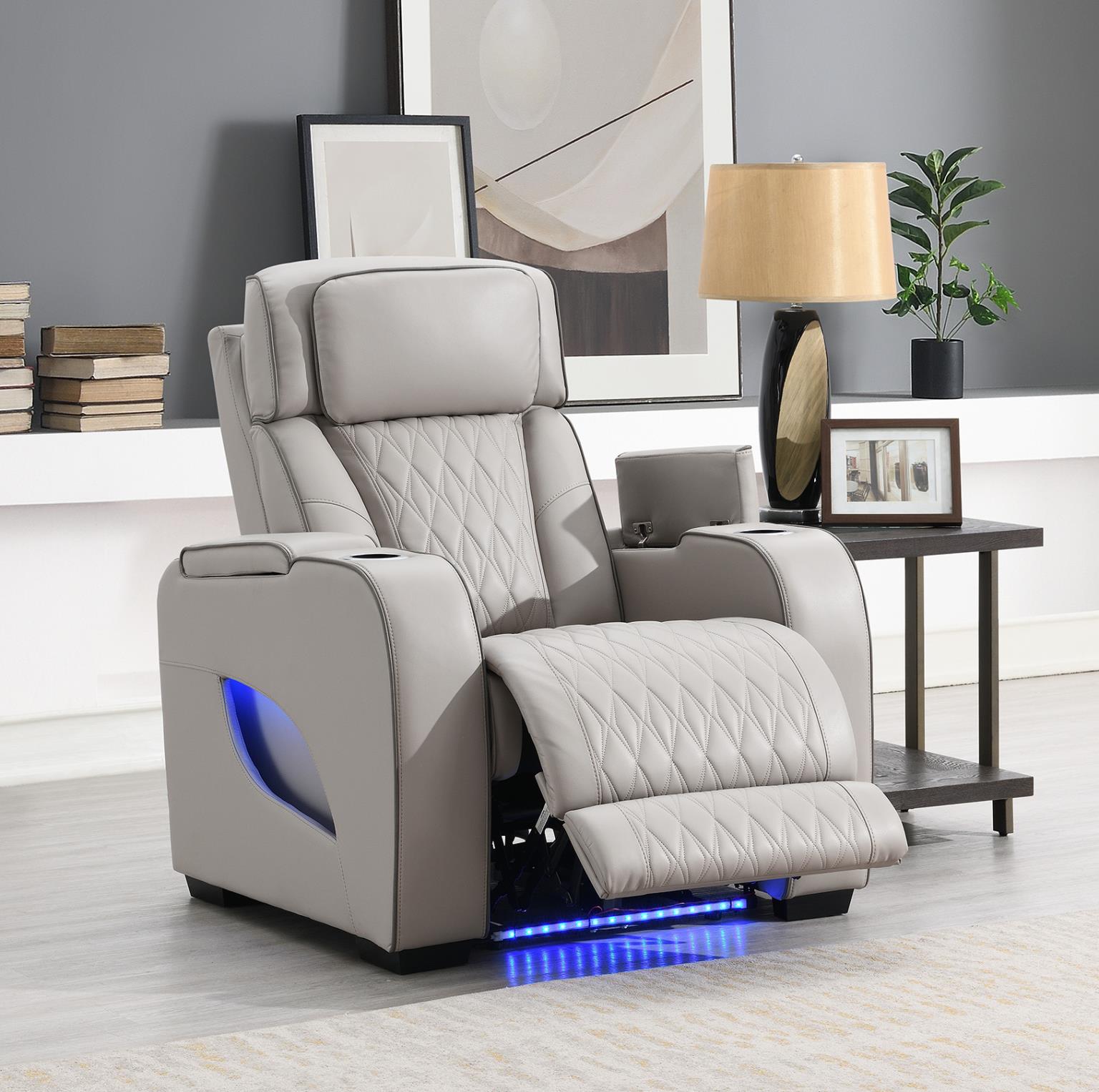 Gray Power Reclining with Power Headrest, Massage, Heat, Ambient Lighting, Storage Arms & USB/Wireless Charging – U71-R