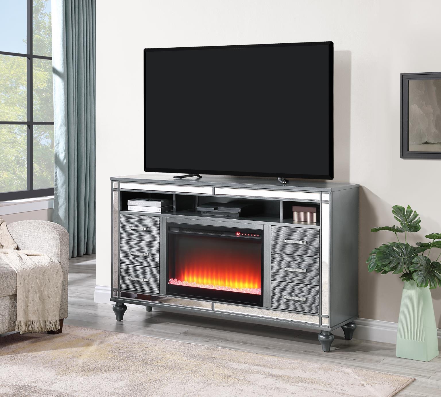 Charcoal Gray TV Stand with Storage & Mirror Accents – W223