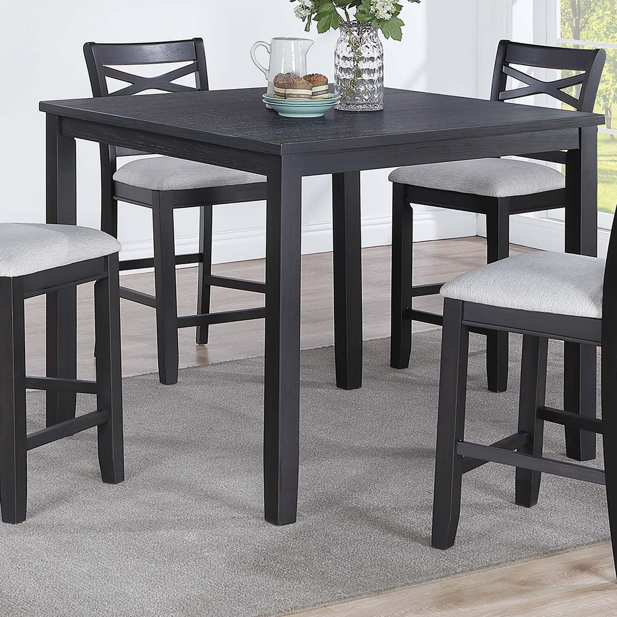 Dining Table Set With 4 Cross Back Chairs, Upholstered Cushions - Charcoal