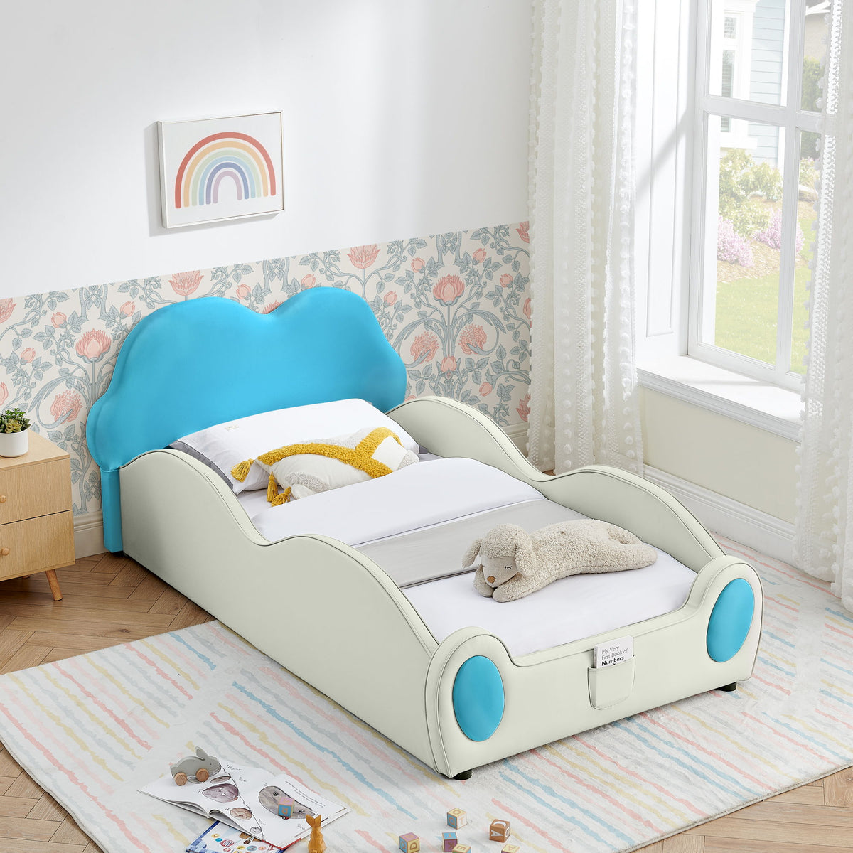 Cute Cloud Shape Bed With Guardrails Cartoon Design, Storage Pocket