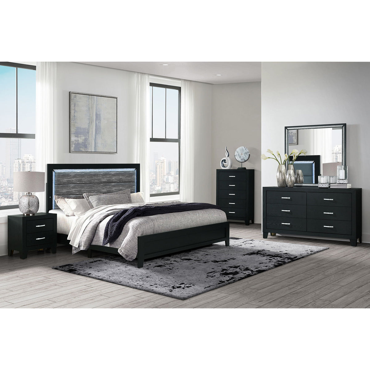 Carlos - 5 Pieces Queen Bedroom Set, Modern Design - Black