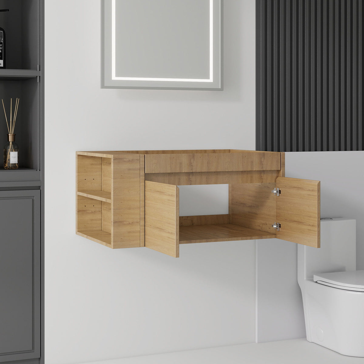 Floating Bathroom Vanity Cabinet, Soft Close Double Drawers, Open Side Storage, Wall Mounted, Cabinet Only