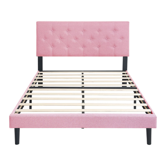Modern Upholstered Platform Bed Frame With Button Tufted Fabric Headboard