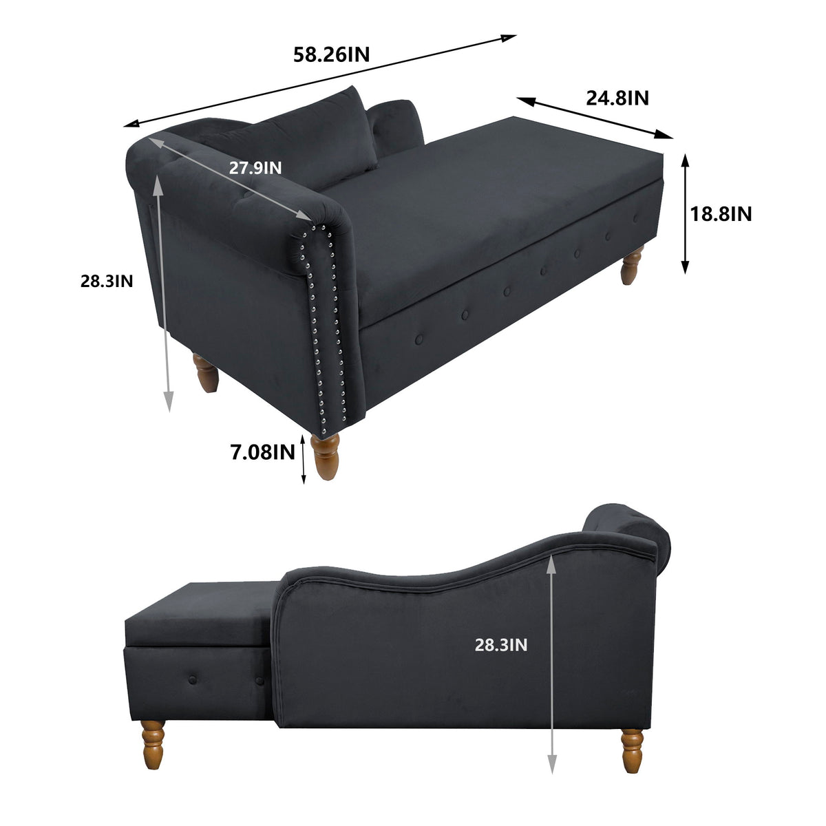 Chaise Lounge Indoor, Lounge Chair For Bedroom With Storage & Pillow, Modern Upholstered Rolled Arm Chase Lounge For Sleeping With Nailhead Trim For Living Room Bedroom Office