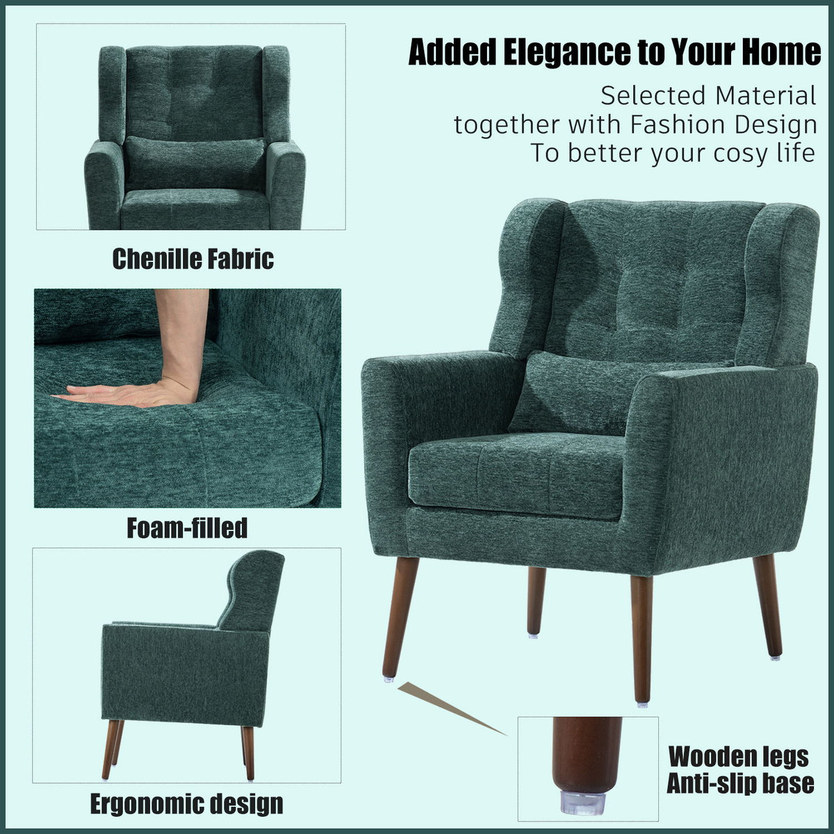 Modern Accent Chair, Arm Chairs For Living Room, Upholstered Mordern Armchair, Comfy Soft Padded Lounge Chair In Small Space, Bedroom, With Pillow, Solid Wood Leg