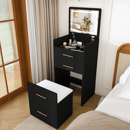 3 In 1 Vanity Desk With Open Top Mirror, Glass Desktop Makeup Set With 3 Drawers, Compact Dressing Table For Bedroom - Black