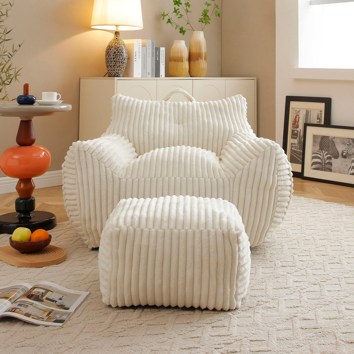 Giant Plush Bean Bag Chair For Adults With Armrests And Footstool - Beige