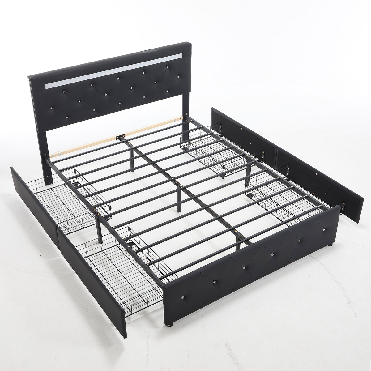 Upholstered Bed Frame With LED Lights, 4 Storage Drawers, Charging Station