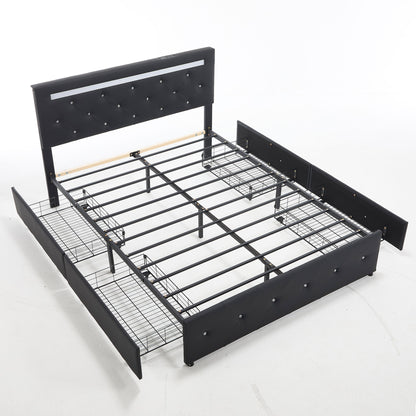 Upholstered Bed Frame With LED Lights, 4 Storage Drawers, Charging Station