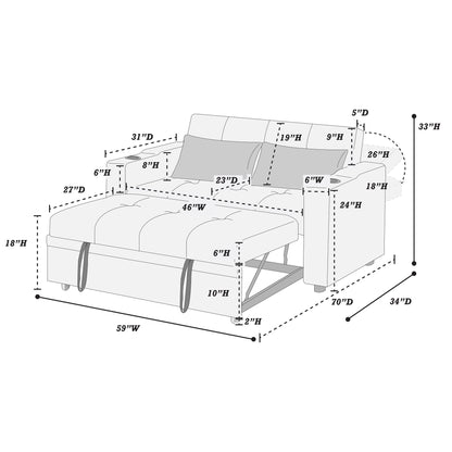 Modern Style Convertible Sofa With Pull-Out Bed, USB Ports & Cup Holders