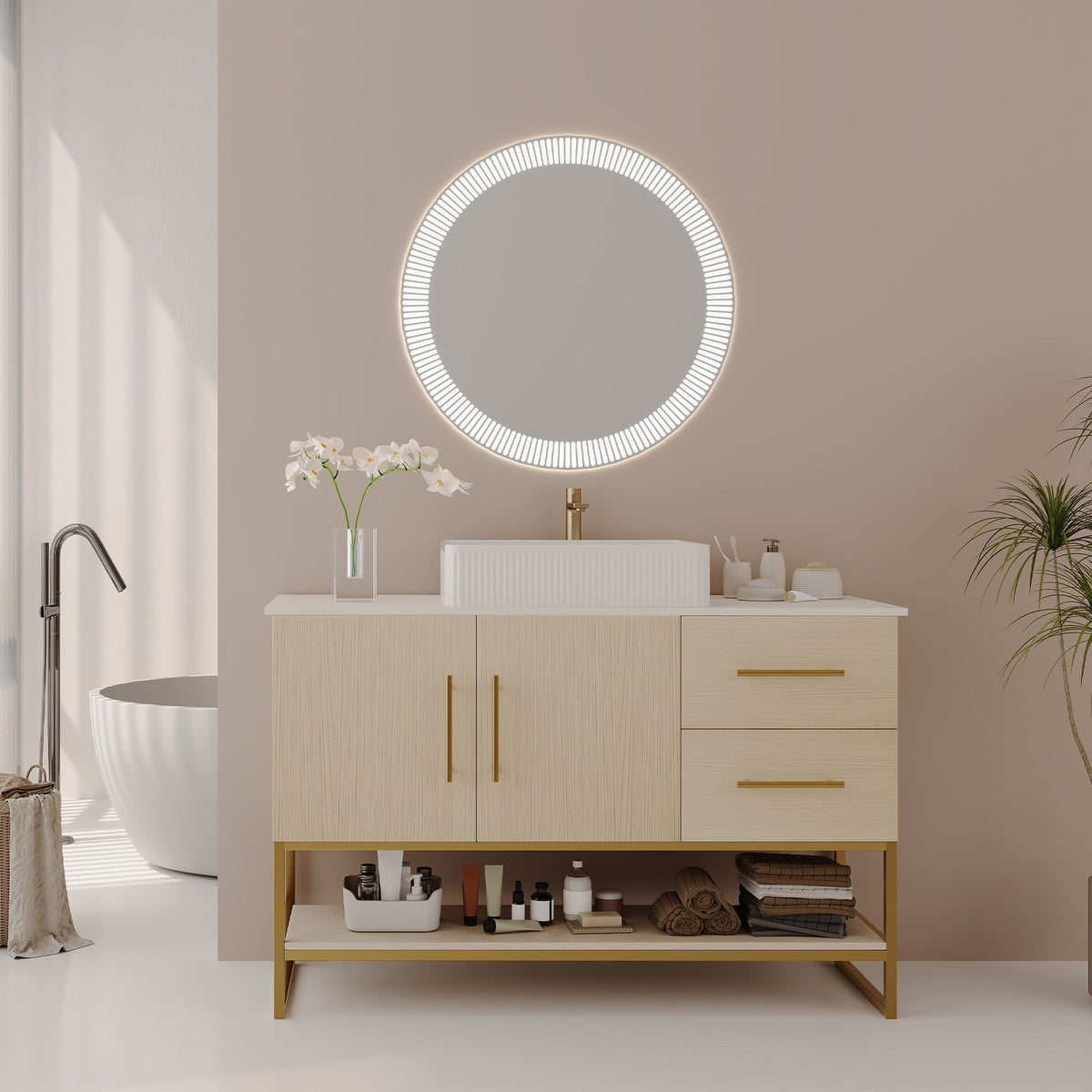 Bathroom Vanity With Vessel Sink Accent Free Standing Cabinet - Ameican White Oak / Gold / White