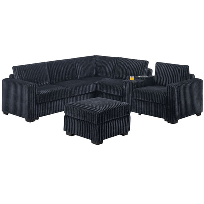 Contemporary L-Shaped Sectional Set With USB Console & Ottoman