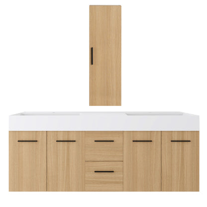 Floating Double Sink Bathroom Vanity Set With Tall Linen Cabinet, Drawers And Doors, Extra Large Storage, Integrated Sink, Soft Close Hardware - Glossy White / Light Oak