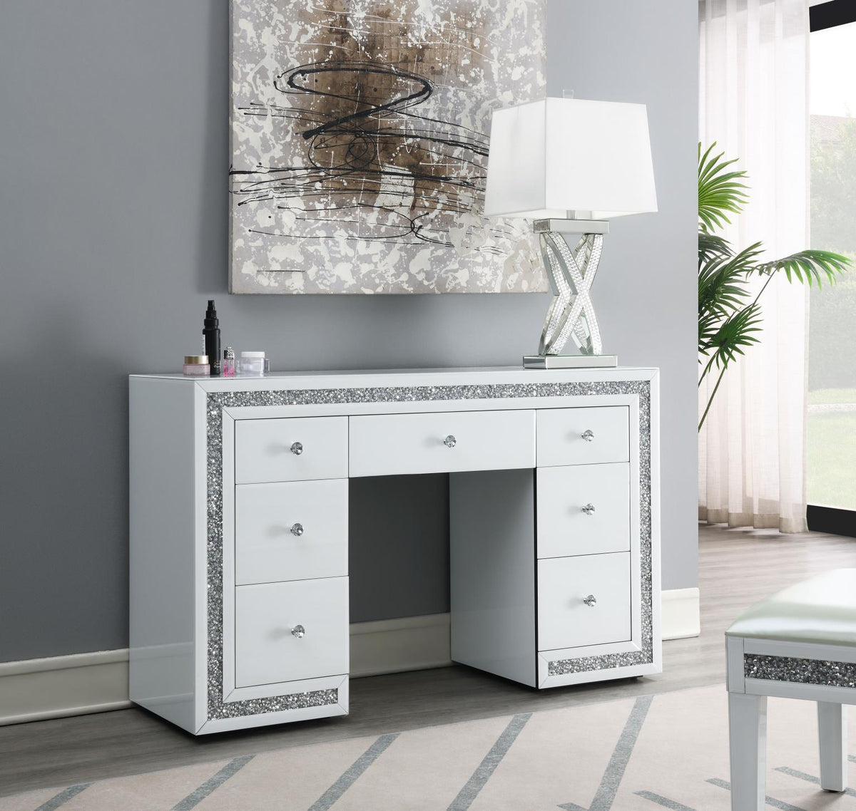 G-325 - Glamour Vanity Set (MDF Dresser + Mirror Bluetooth Speaker With Lights) - White