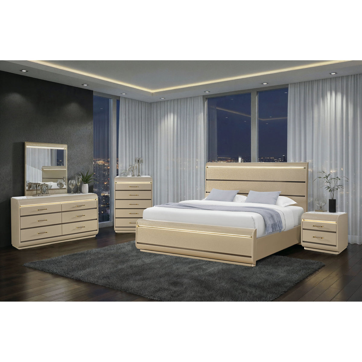 Gigi - Chest With LED Lights Chest, 5 Drawers, LED Lighting, Rounded Edges - Gold