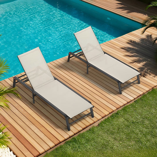 Outdoor Chaise Lounge & Adjustable Backrest (Set of 2) - Beige