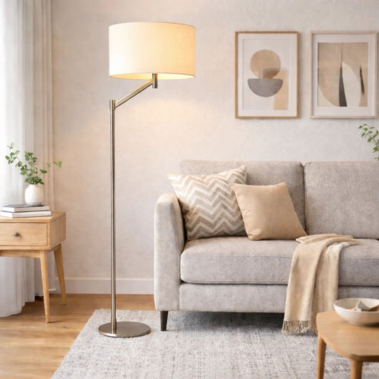 Serene - Floor Lamp With Rotary Switch Base Linen Shade - Brushed Nickel / White